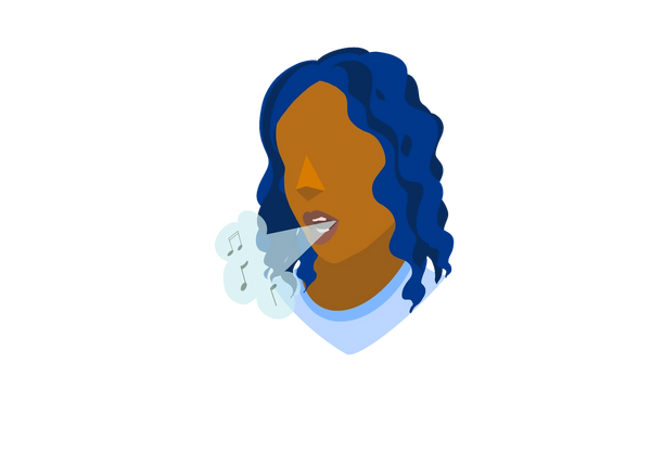 An illustration of a woman from the neck up with her head turned slightly to the side. She is coughing out a light green cloud with dark green music notes inside of it to show sound. She has blue curly hair and medium brown skin. She is wearing a light blue t-shirt.
