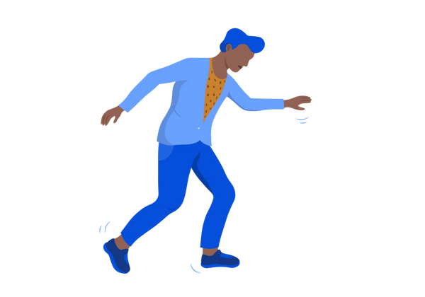 An illustration of a man walking with his arms splayed out to the sides and large, uneven steps. He is looking down at his legs. Blue lines show movement around his feet and arms. He has brown skin and short blue hair. He is wearing jeans, a light blue sports coat with a yellow spotted t-shirt underneath, and blue sneakers.