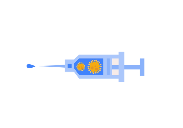 An illustration of a vaccine plunger with two small yellow viruses inside of it. It is squirting out a blue drop.