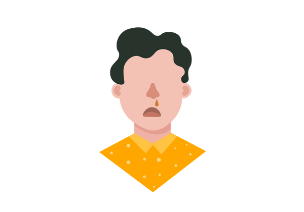 Eine Illustration einer Büste einer Person, die die Stirn runzelt und aus deren roter Nase ein Tropfen tropft. Sie tragen ein gelbes Hemd mit Kragen und haben lockiges, dunkelbraunes Haar.