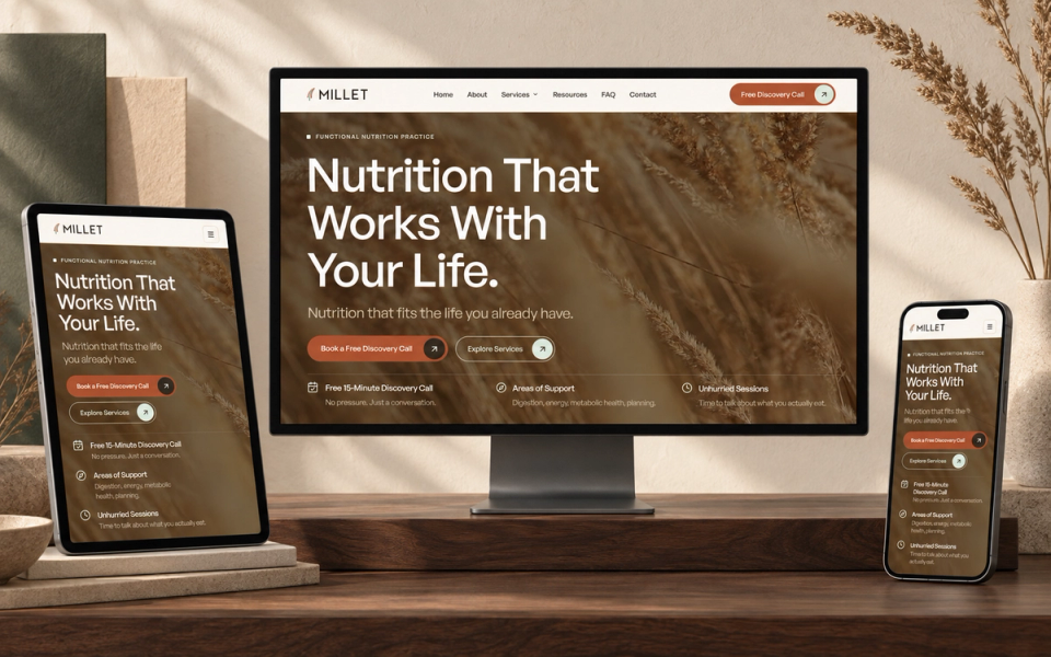 Millet nutrition template homepage shown on desktop and phones