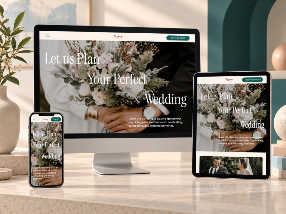 Vowry wedding planner homepage shown on desktop, tablet, and phone