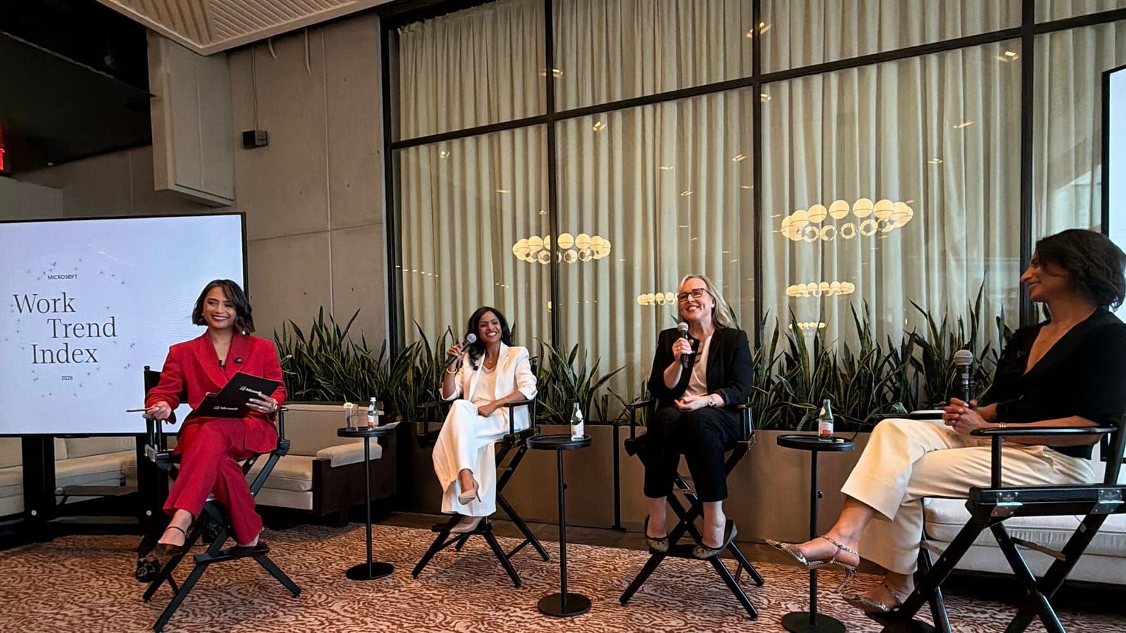 The Work Trend Index launch panel on stage in New York, Jeanelle moderating from the left