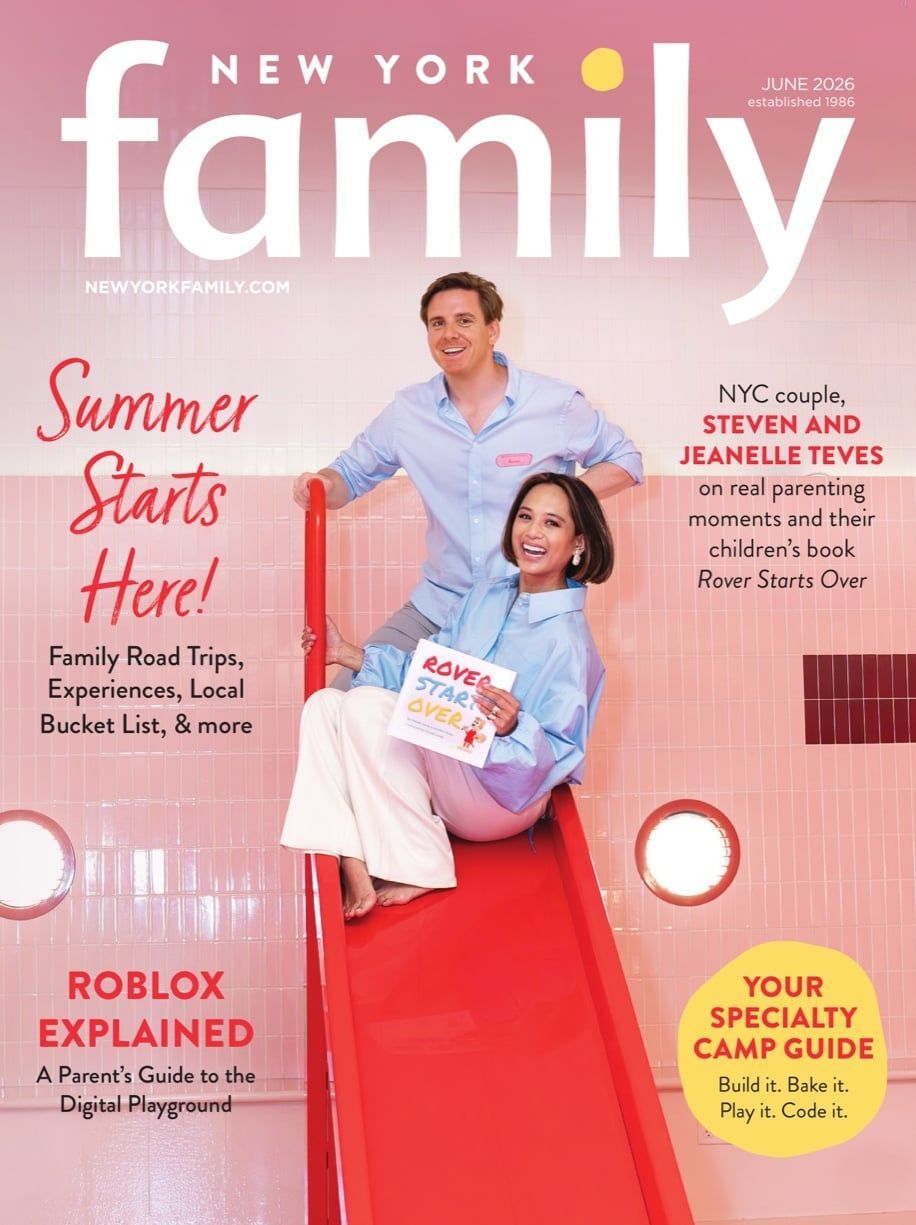 New York Family magazine cover, June 2026: Steven and Jeanelle Teves on real parenting moments and their children’s book, Rover Starts Over