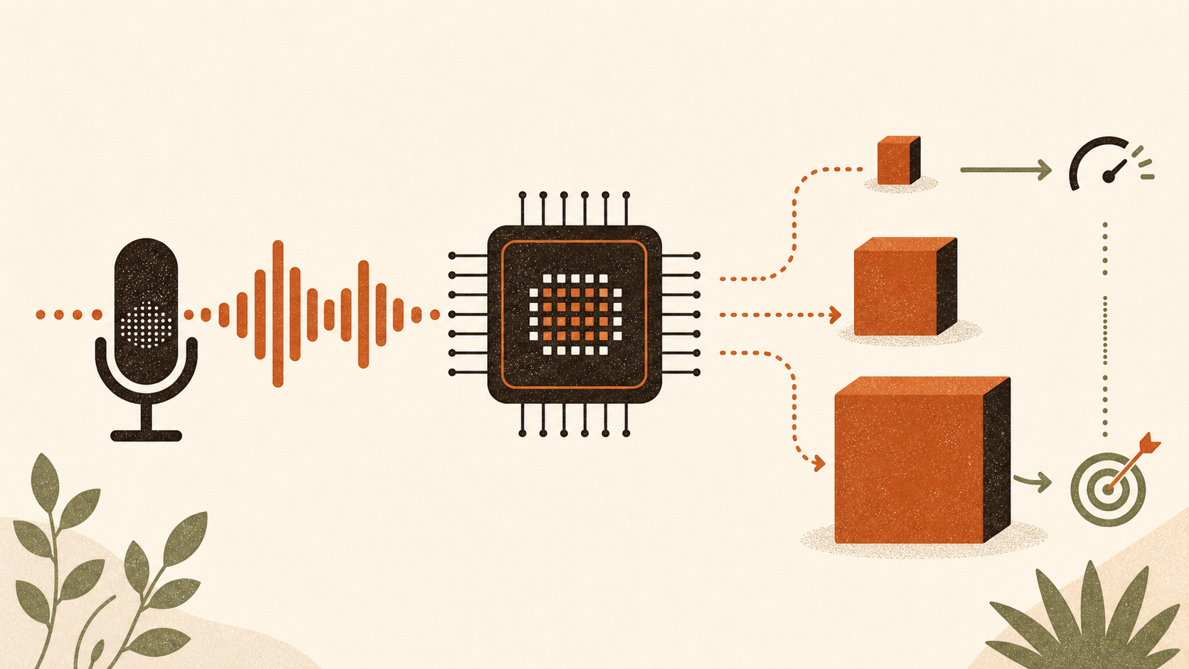 A microphone waveform enters an abstract processor that routes speech through model blocks of different sizes.