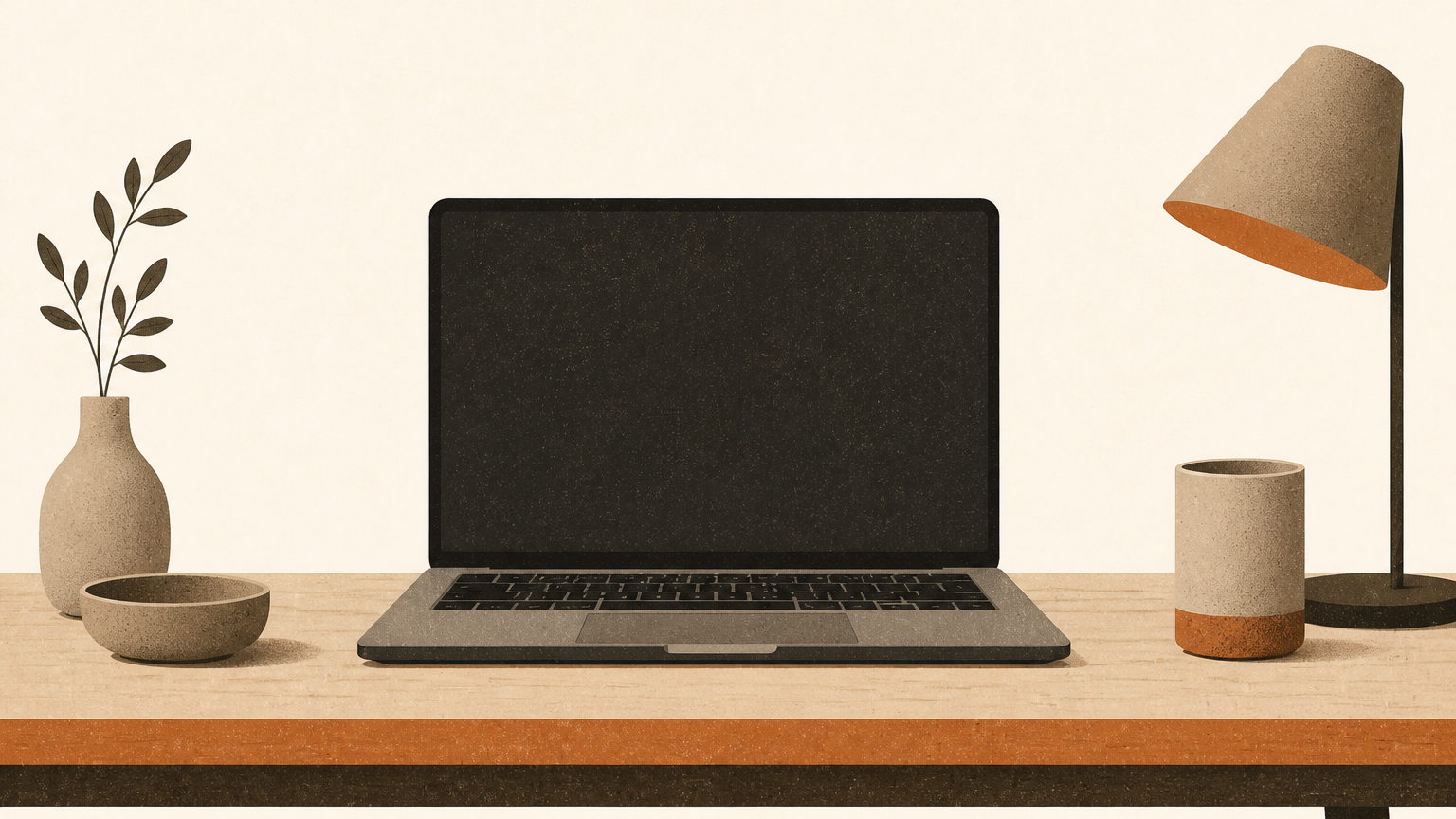 A MacBook with a blank screen on a tidy cream desk, illustrated in brown and burnt orange.