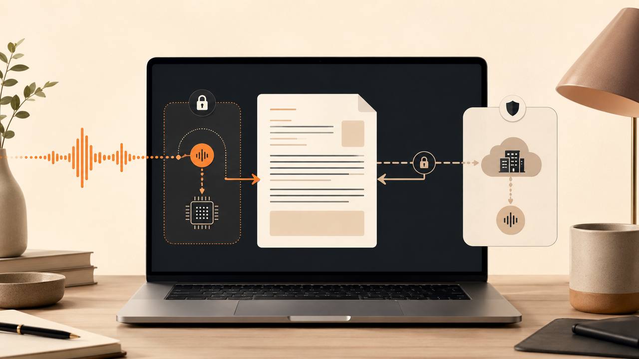 A Mac-style laptop showing voice audio becoming a document through local and controlled cloud processing paths.