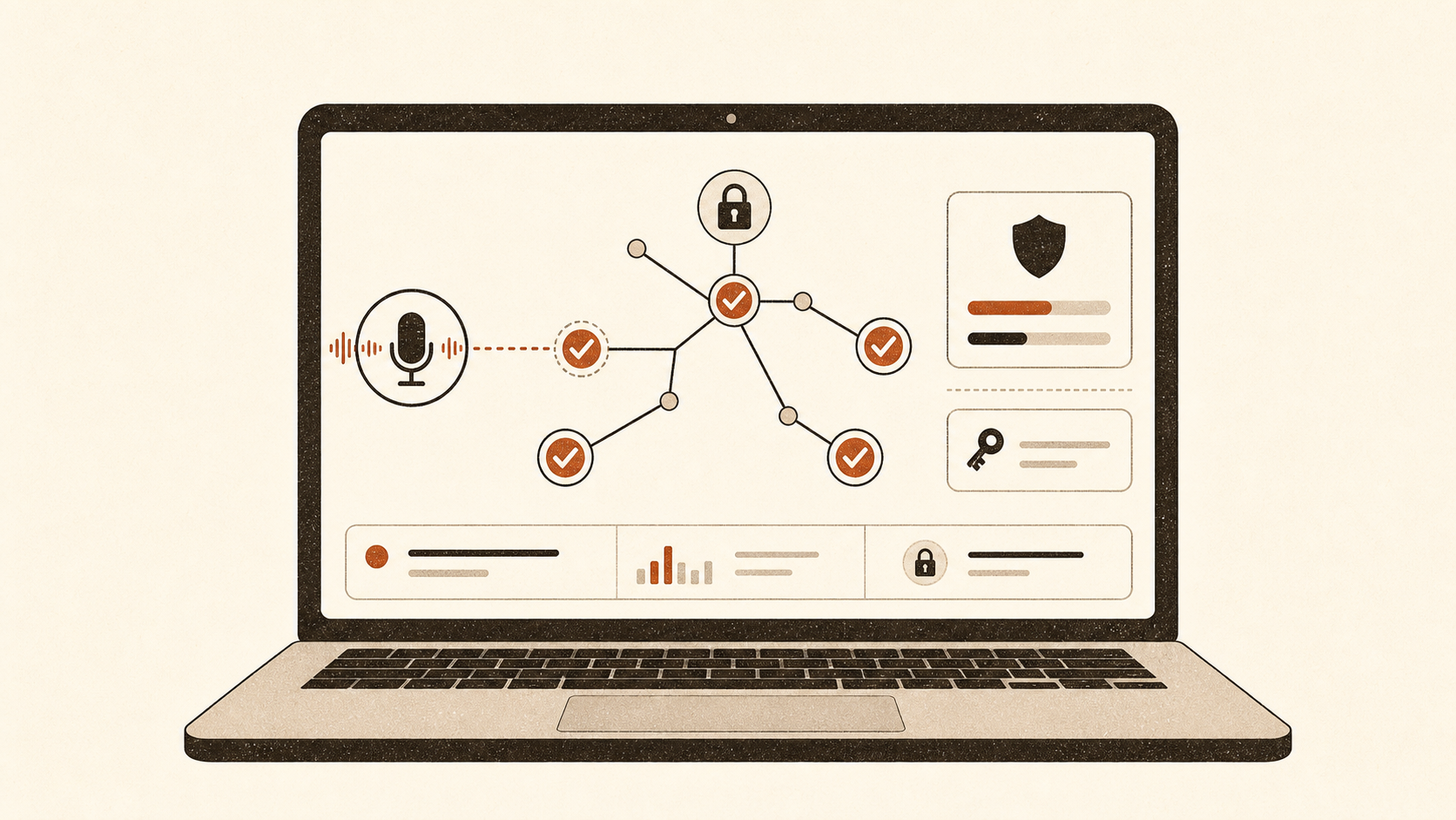 Warm paper illustration of a Mac displaying microphone traffic, connection nodes and security checks