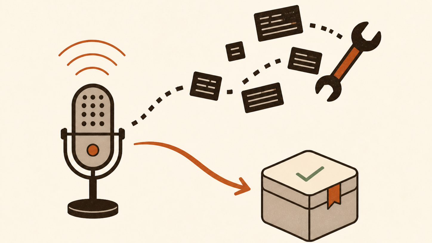 A microphone at the centre-left with two diverging paths: a row of code blocks and a wrench for the script route, and a rounded package box with a checkmark for the app route.