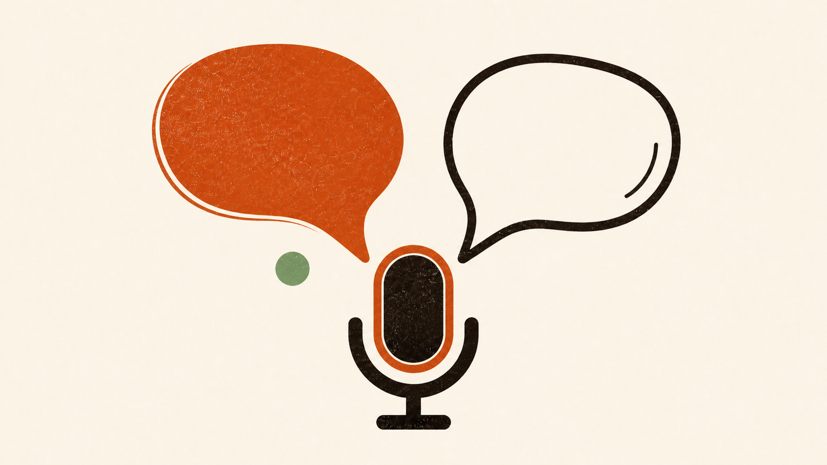 Flat vector illustration of a microphone on a warm cream background with two speech bubbles, one burnt orange and one outlined in dark brown, suggesting dictation in two languages