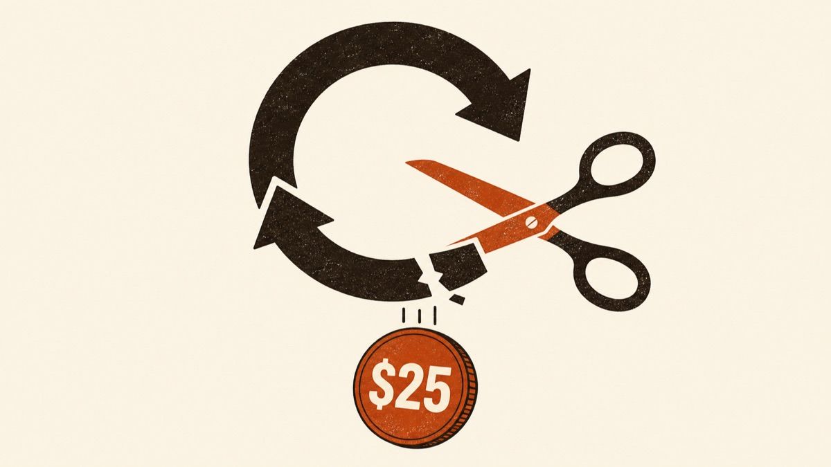 Burnt-orange scissors cut a dark recurring-payment loop while a $25 coin drops free, illustrating a one-time Mac dictation purchase.