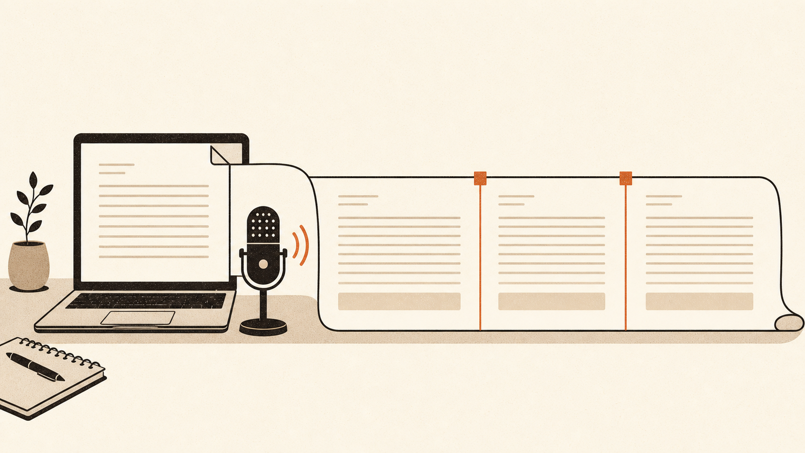 A cream and rust flat illustration of a microphone beside an open MacBook, with a long document unrolled into three sections marked by burnt-orange bookmarks.