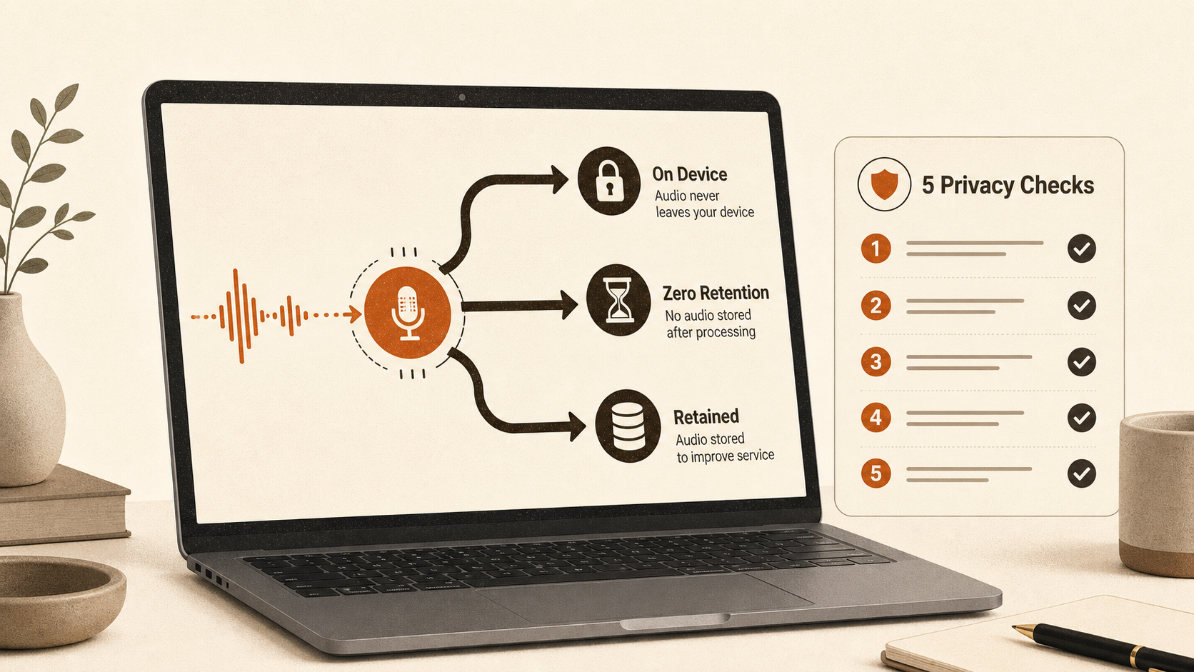 A cream and burnt-orange illustration comparing local dictation on a locked Mac, a cloud with an hourglass for zero retention, and a cloud database for retained data.