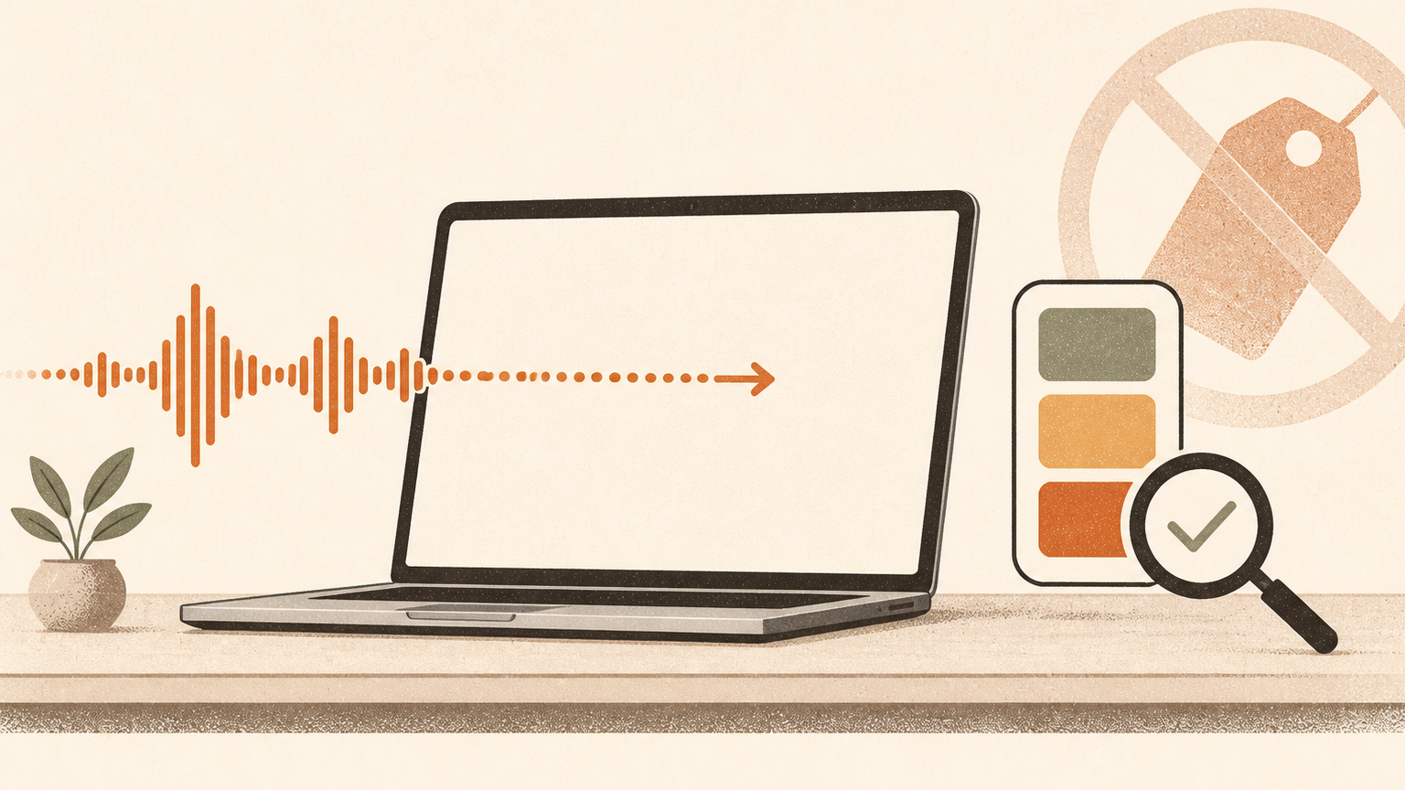 A laptop receiving a speech waveform beside a memory-pressure indicator, a magnifying glass and a crossed-out price tag