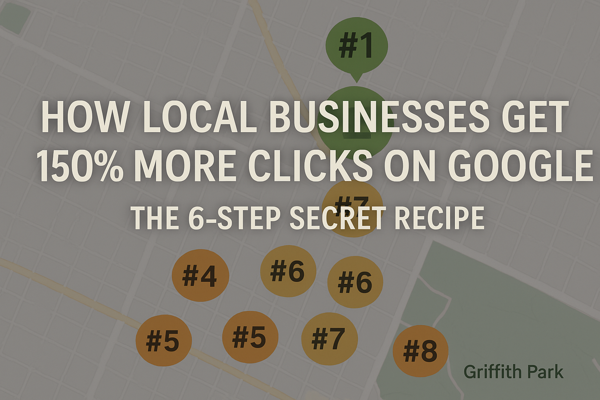 Infographic showing a Google Maps-style view with highlighted top 3 search results in green and lower results in orange. Bold text reads “How Local Businesses Get 150% More Clicks on Google (No Ads)” with a tagline “The 6-Step Secret Recipe.”