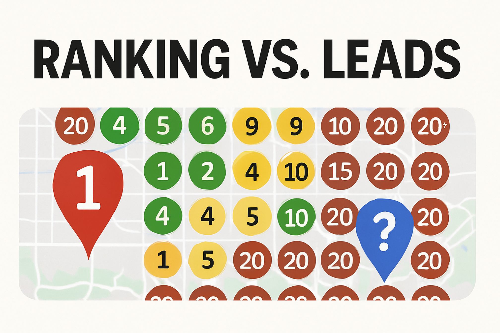 Infographic titled “Ranking vs. Leads” showing a simplified Google Maps view with location markers. Position #1 is highlighted in red, position #3 in blue, and another marker with a question mark, illustrating how ranking position impacts customer leads.