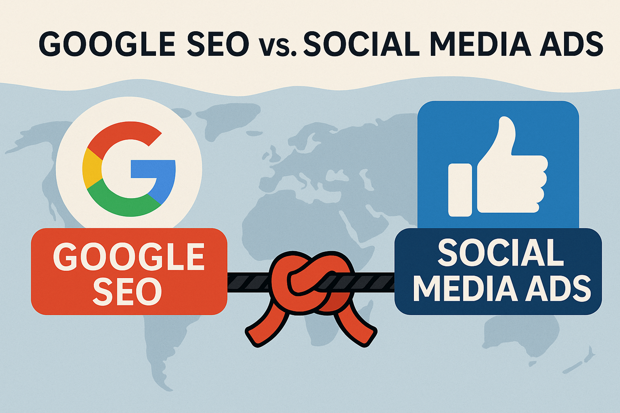 Infographic comparing Google SEO and Social Media Ads. A tug-of-war style design shows the Google logo on the left and a thumbs-up icon for social media on the right, tied together by a rope, highlighting the debate over where businesses should spend their marketing budget.