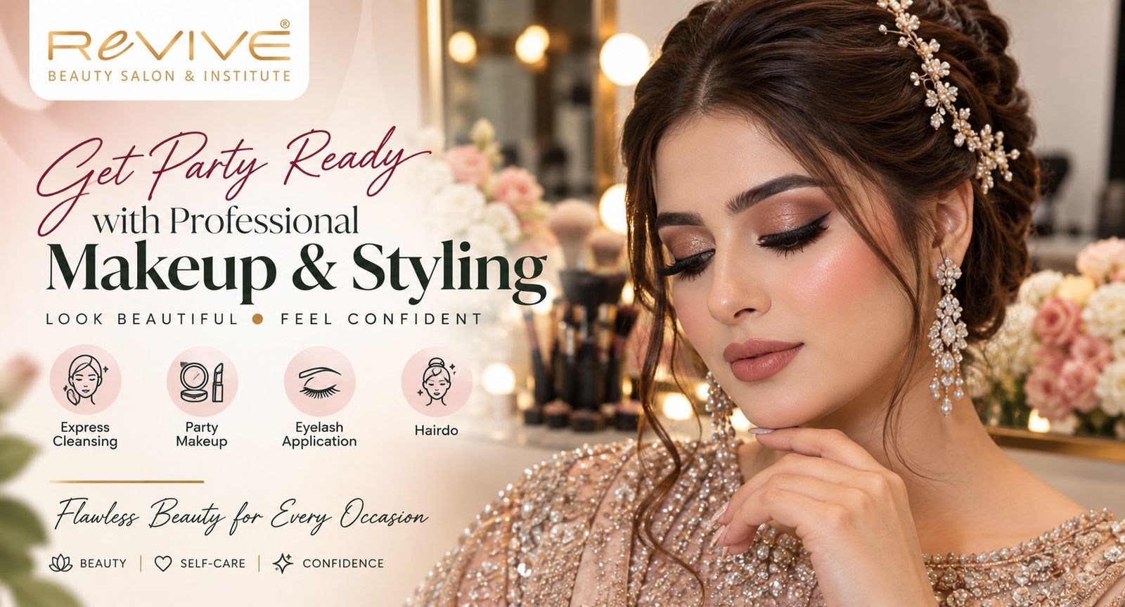 Party glam makeover and styling at Revive Beauty Salon
