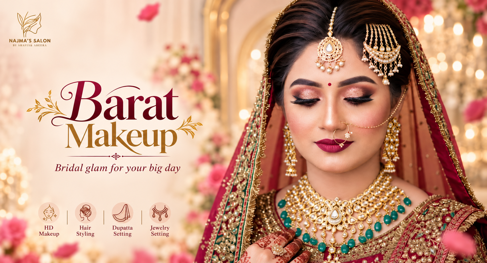 Bridal makeover with traditional gold jewellery and dupatta setting at Najma's Salon Lahore
