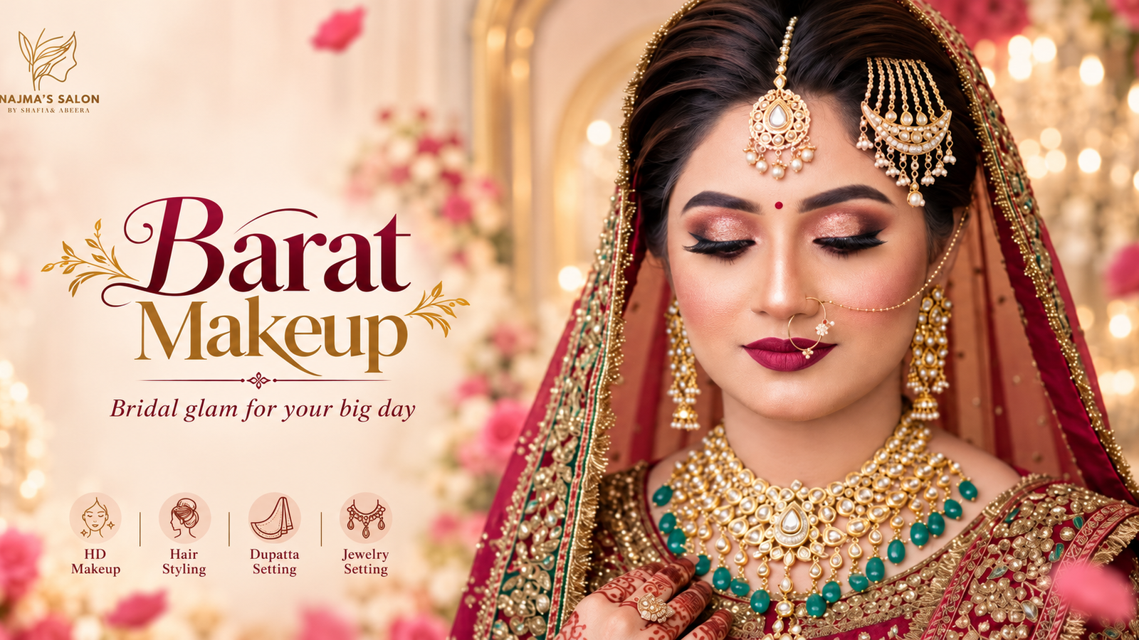 Bridal makeover with traditional gold jewellery and dupatta setting at Najma's Salon Lahore