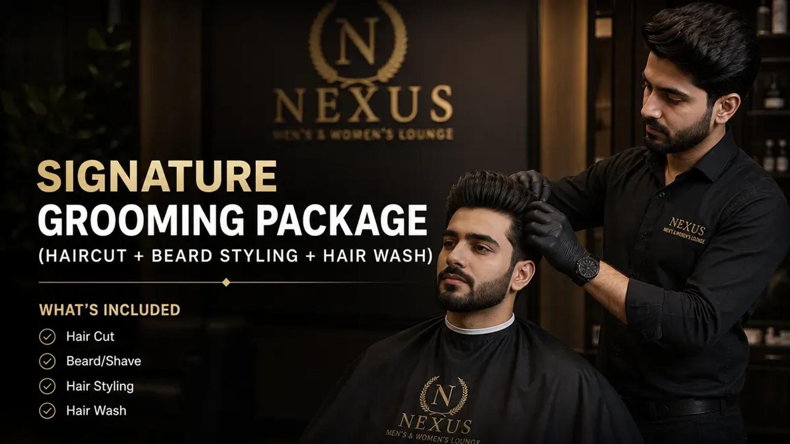 Haircut, beard styling and hair wash package at Nexus Men's and Women's Lounge, DHA Phase 2, Lahore