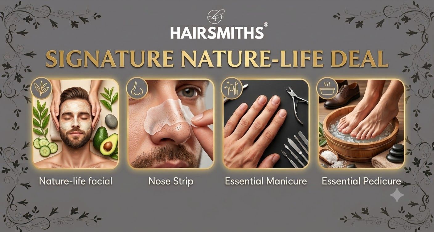 Mens organic facial, nose strip treatment, and manicure pedicure grooming at Hairsmiths Lahore