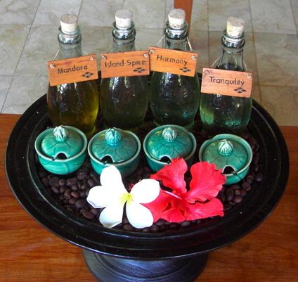 Essential spa oils and natural skin care preparations on display