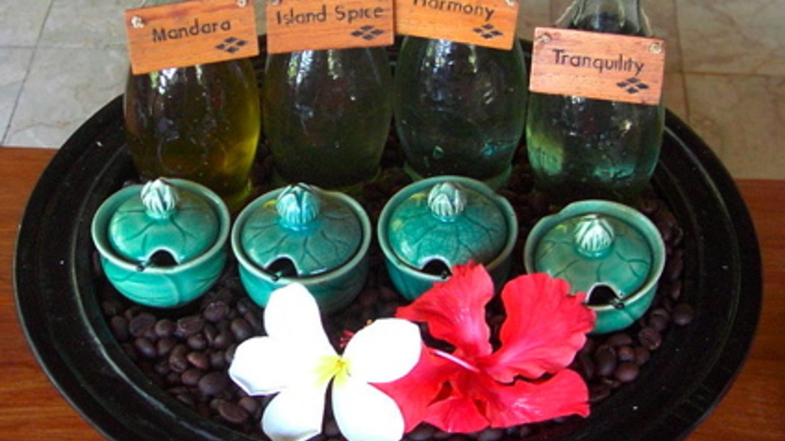 Essential spa oils and natural skin care preparations on display