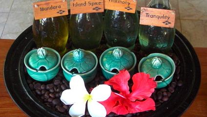 Essential spa oils and natural skin care preparations on display