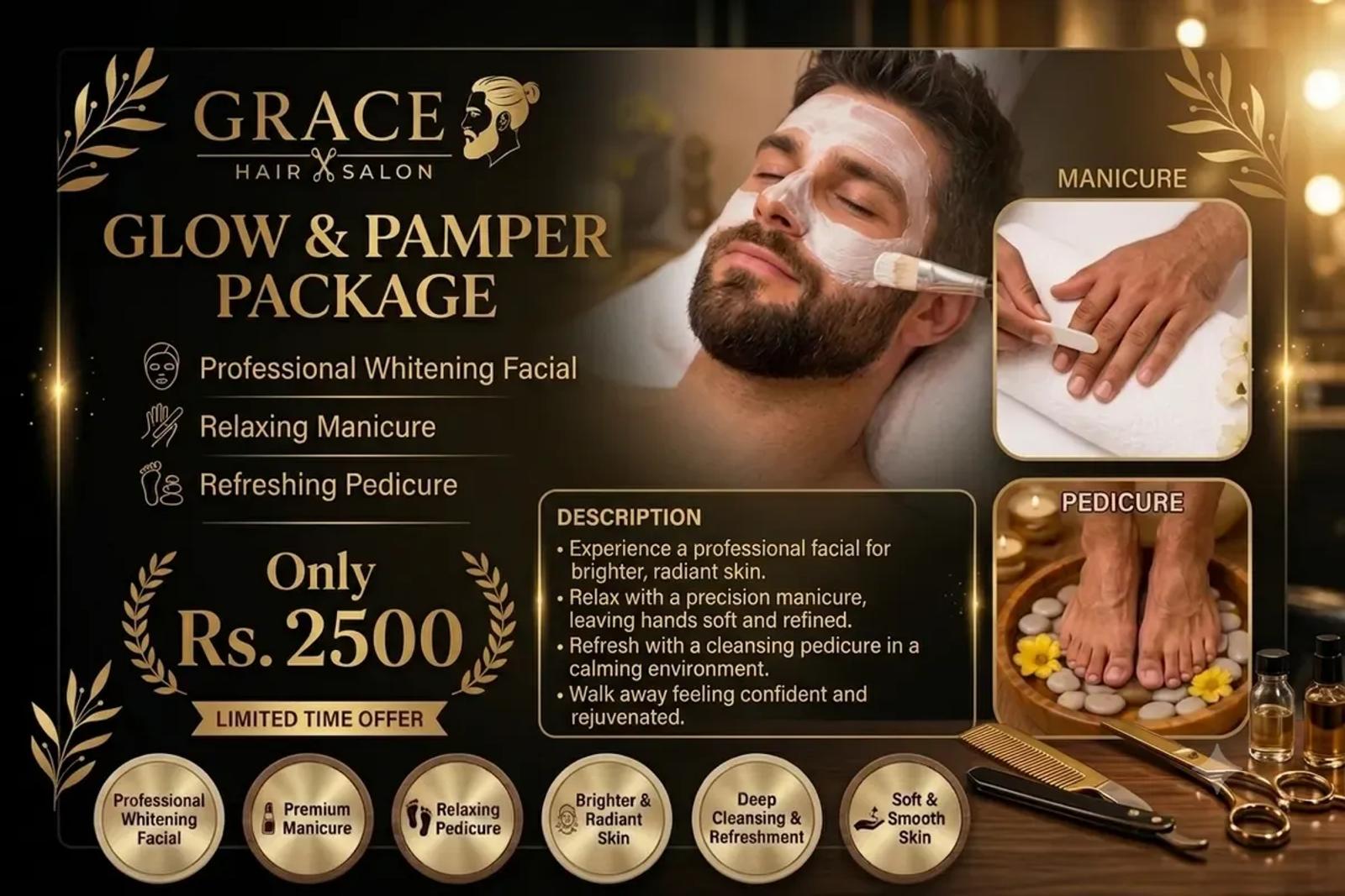 Grace Hair Salon Glow and Pamper package in DHA Lahore with whitening facial, manicure and pedicure for Rs 2,500