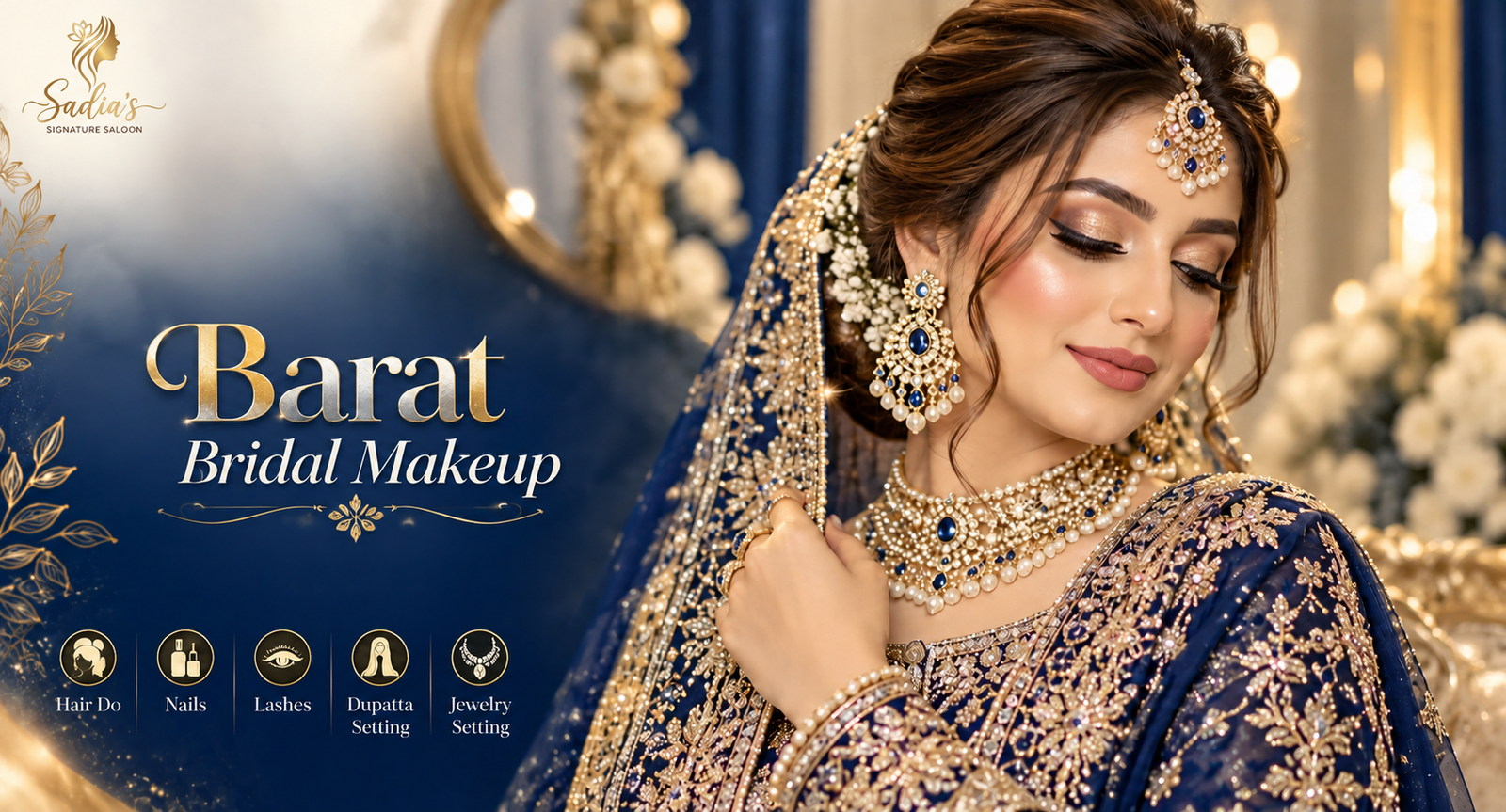 Barat bridal look with jewellery and lashes at Sadia's Signature Salon Lahore