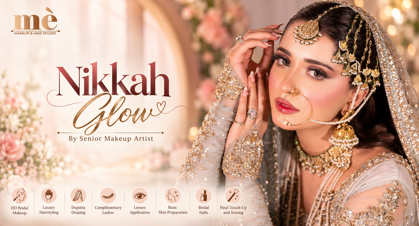 Nikkah bridal HD glam and dupatta draping at ME Makeup Studio in DHA Lahore