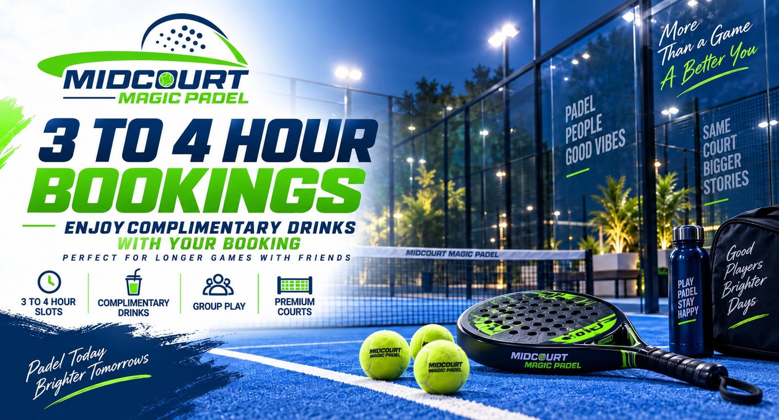 Panoramic padel court facility suitable for 3 to 4 hour extended group play at MidCourt Magic Padel in Lahore