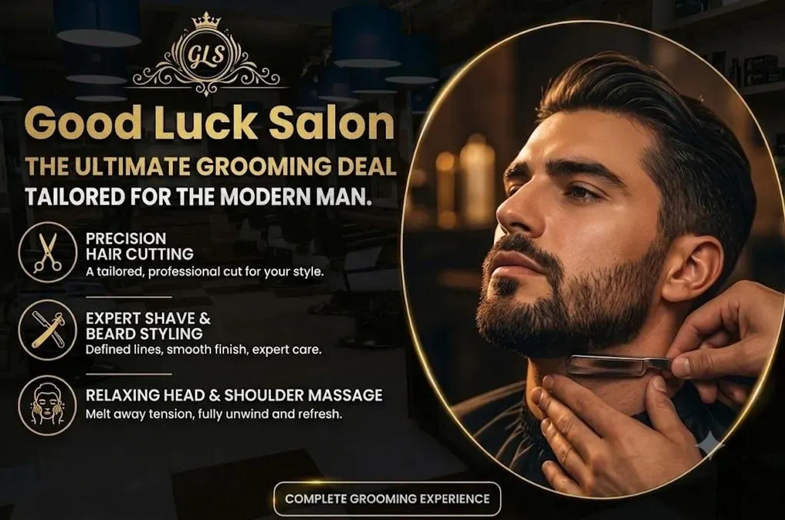 Men's haircut, shave and head massage package at Good Luck Salon in DHA Phase 2, Lahore
