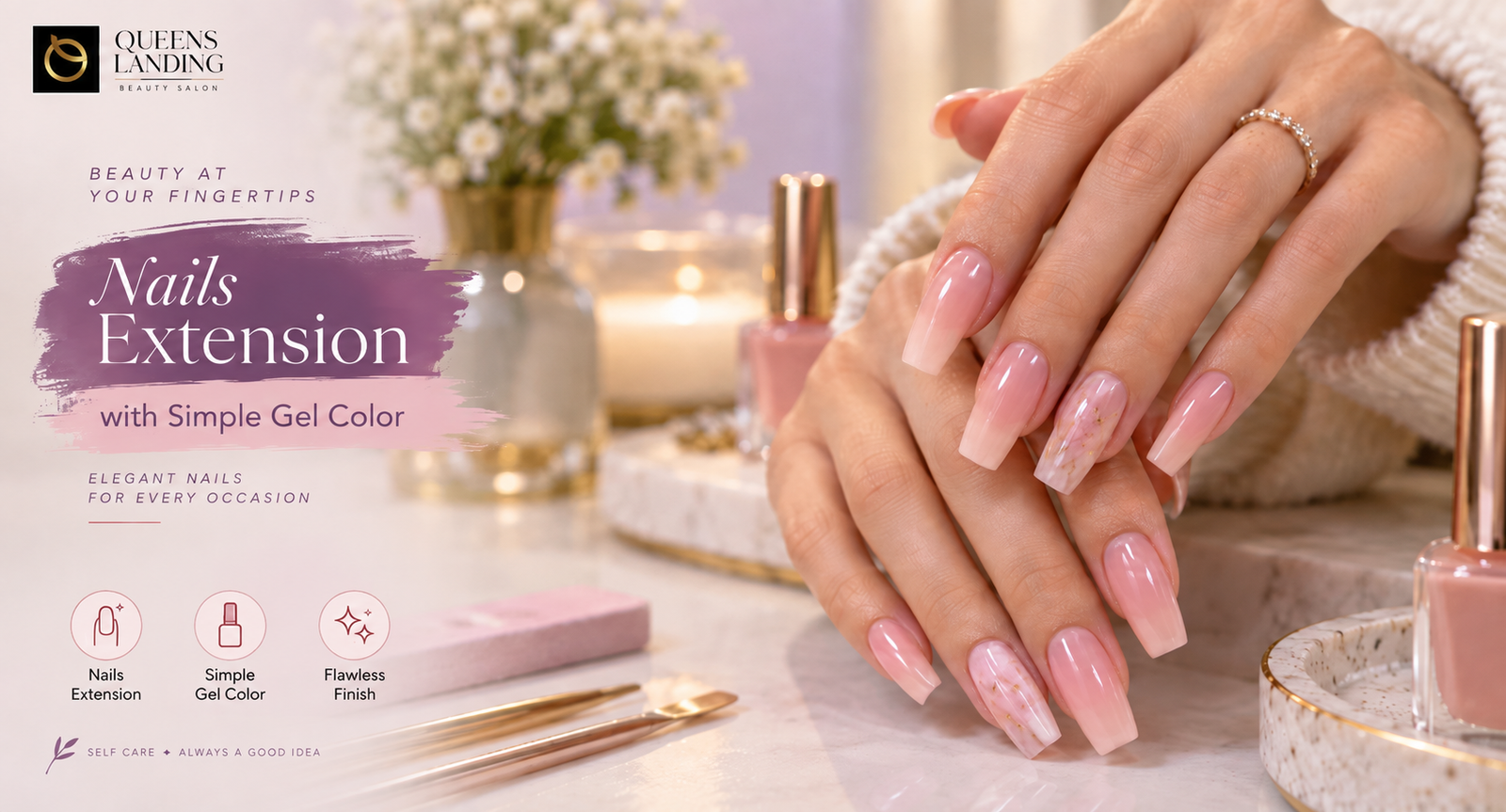 Nail extensions with simple gel color by Queens Landing in DHA Phase 5 Lahore