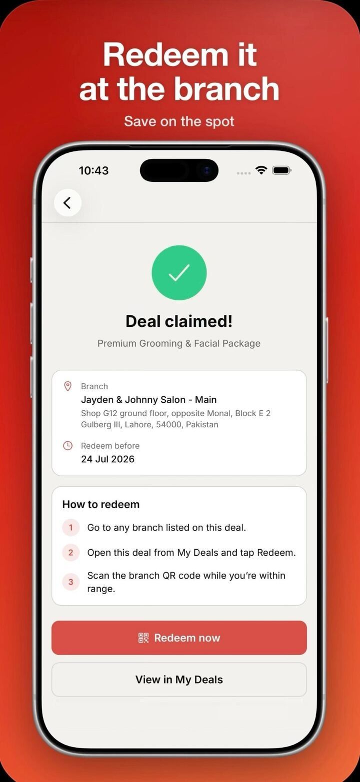 Deal claimed confirmation screen with branch address, redeem deadline and Add to Apple Wallet button