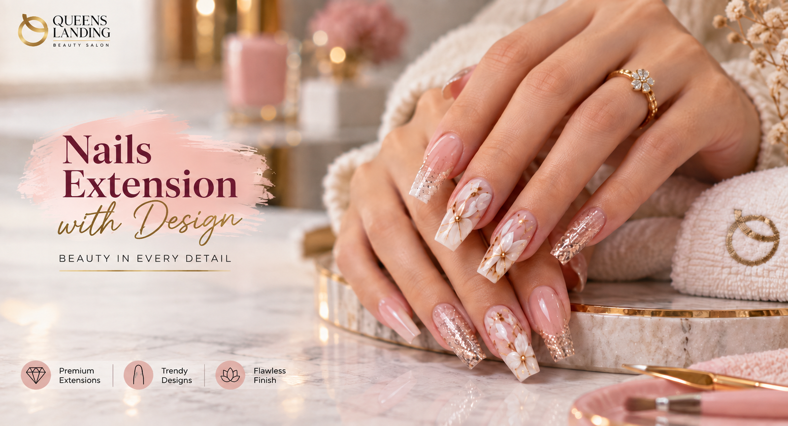 Custom nail art design and extensions by Queens Landing in DHA Phase 5 Lahore
