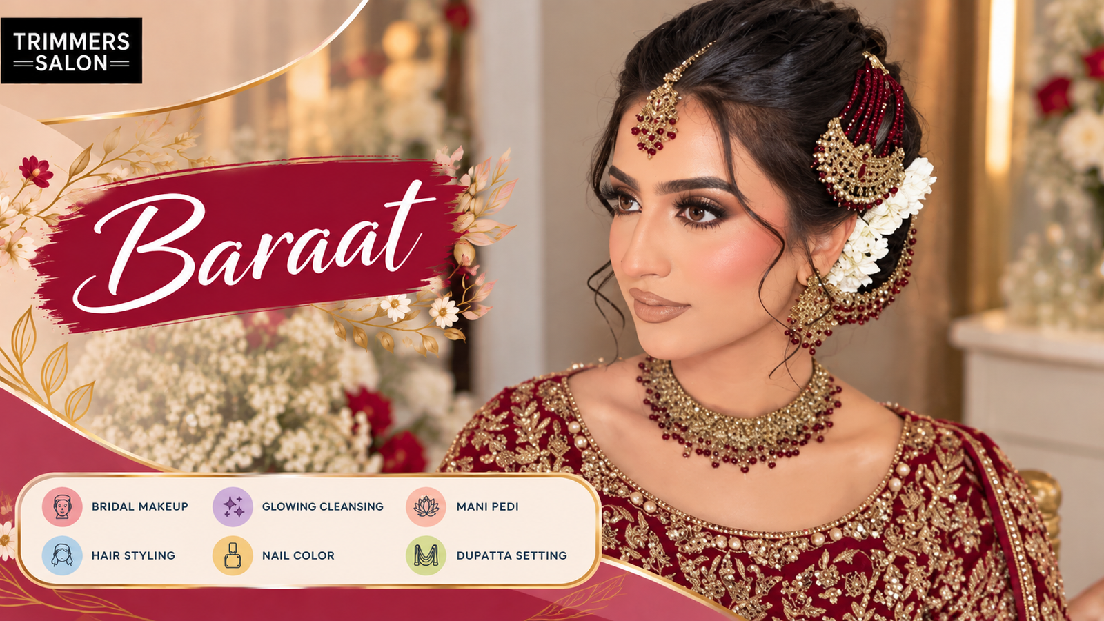 Baraat bridal makeup and dupatta setting at Trimmers Salon Lahore
