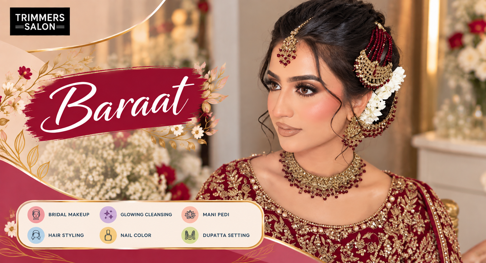 Baraat bridal makeup and dupatta setting at Trimmers Salon Lahore