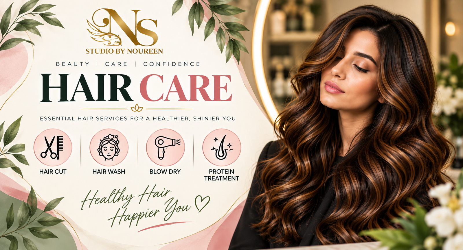 Professional blow dry finish and hair styling at NS Studio by Noureen