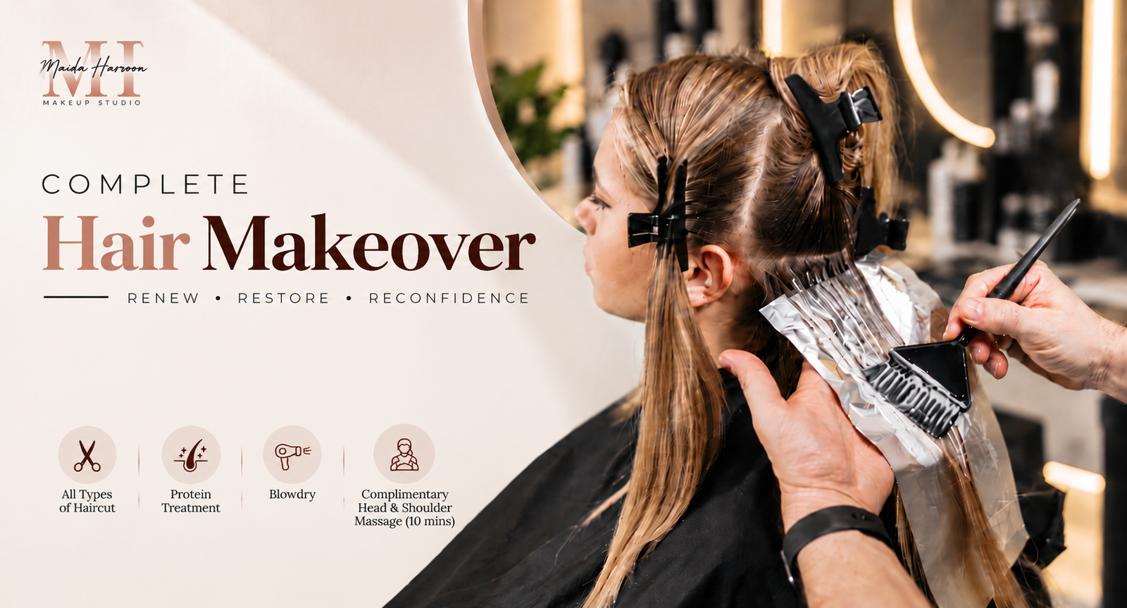 Hair styling and protein makeover session at Maida Haroon Makeup Studio