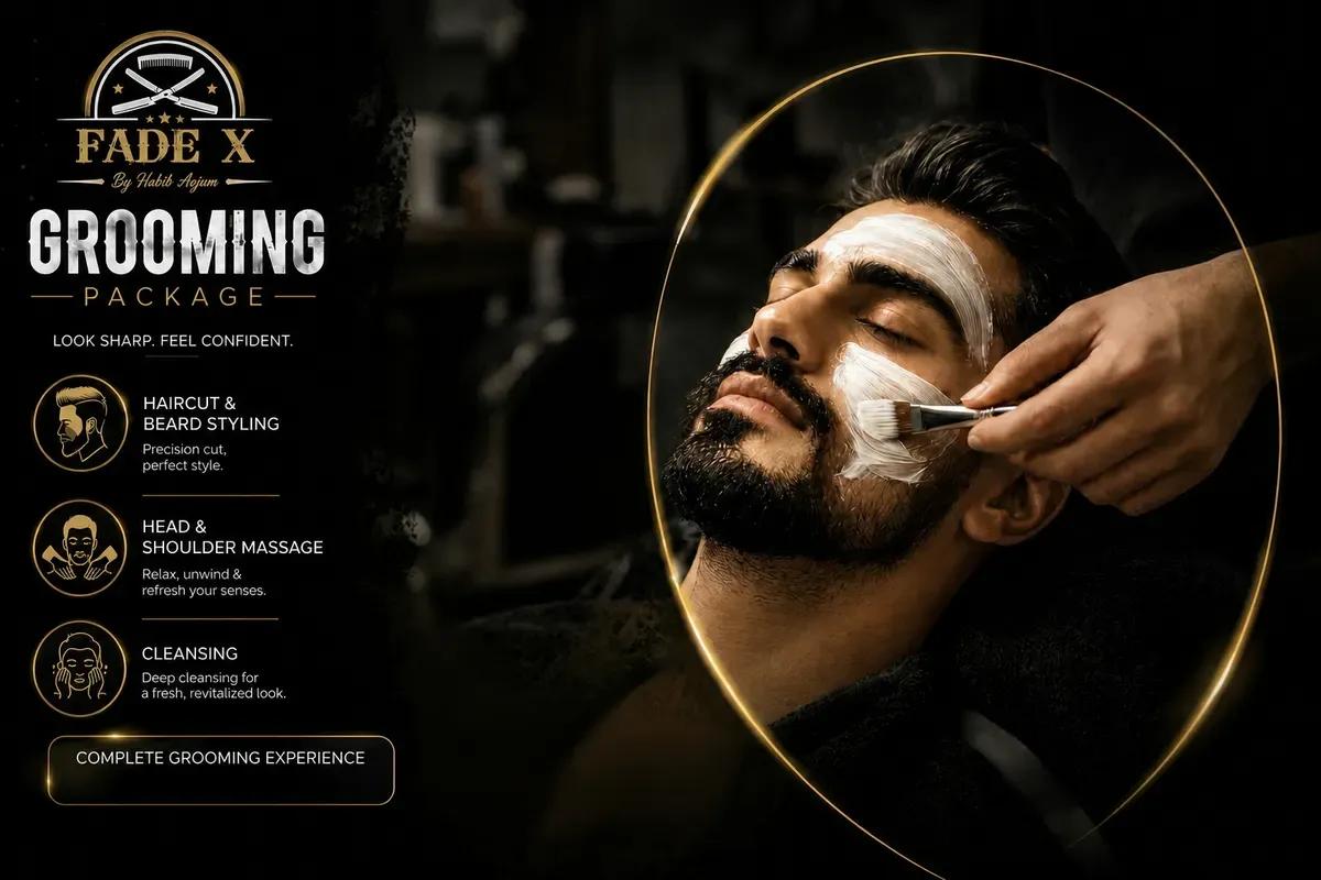 Men’s haircut and beard styling grooming package at Fade X Man Salon, DHA Phase 1, Lahore