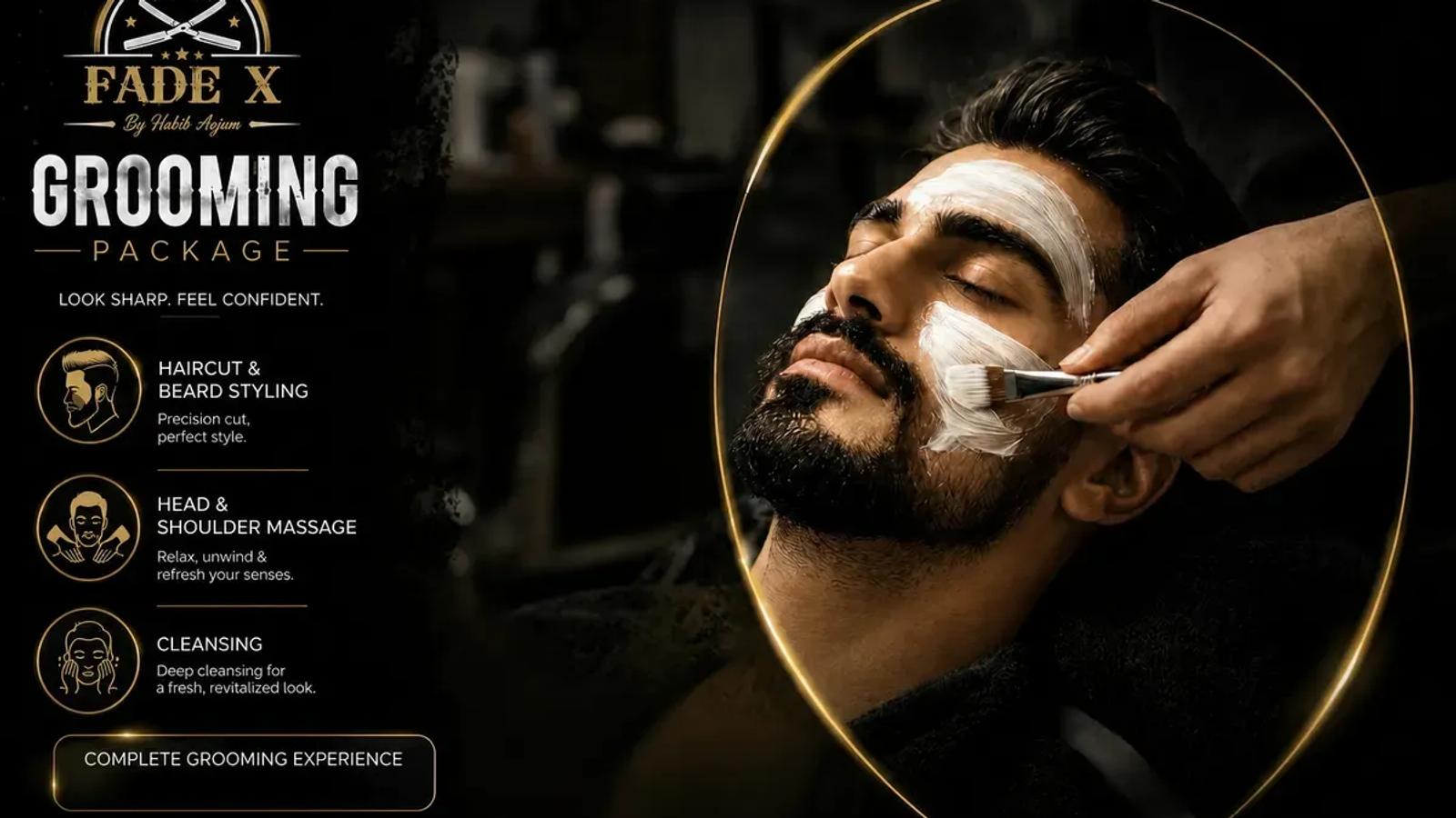 Men’s haircut and beard styling grooming package at Fade X Man Salon, DHA Phase 1, Lahore