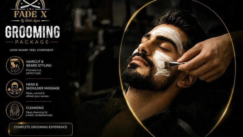 Men’s haircut and beard styling grooming package at Fade X Man Salon, DHA Phase 1, Lahore