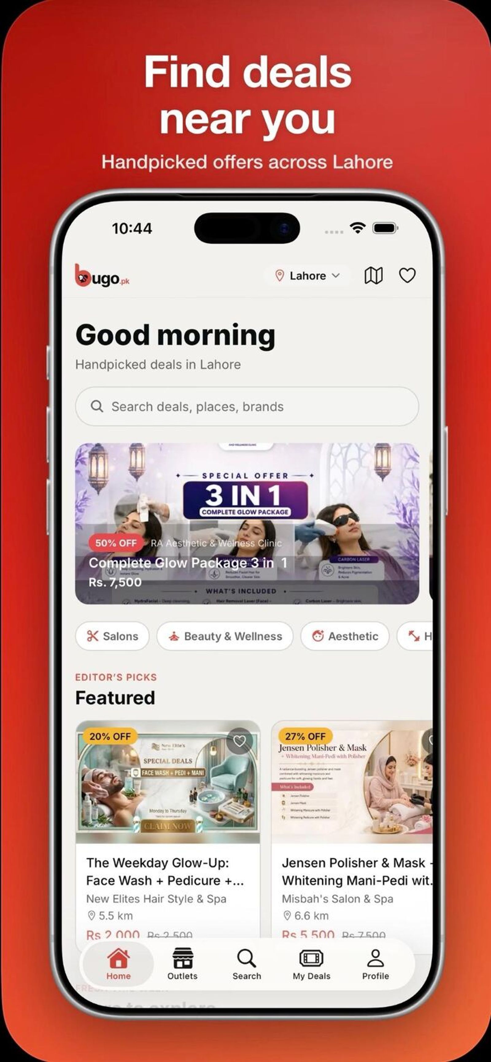 Bugo home screen showing handpicked deals across Lahore with categories and featured offers