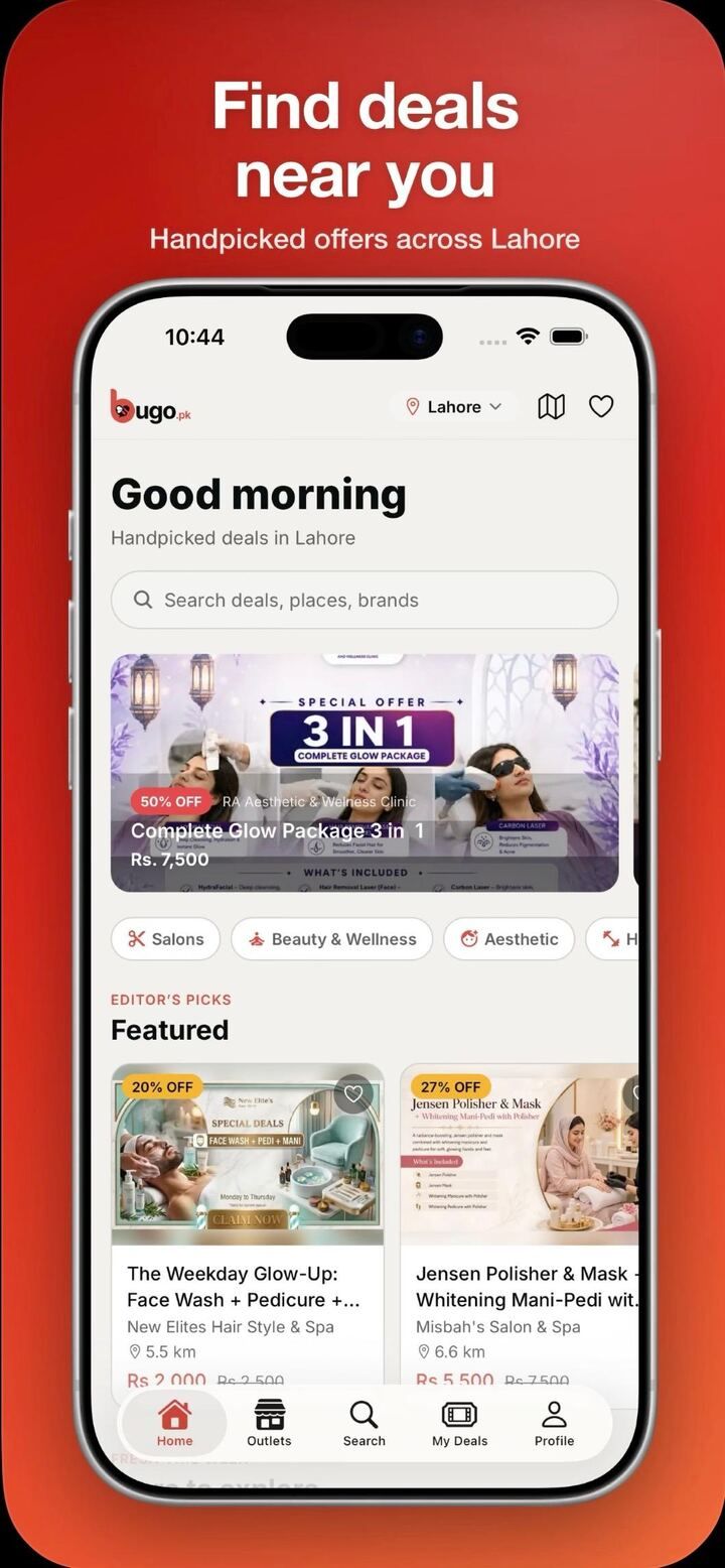 Bugo home screen showing handpicked deals across Lahore with categories and featured offers