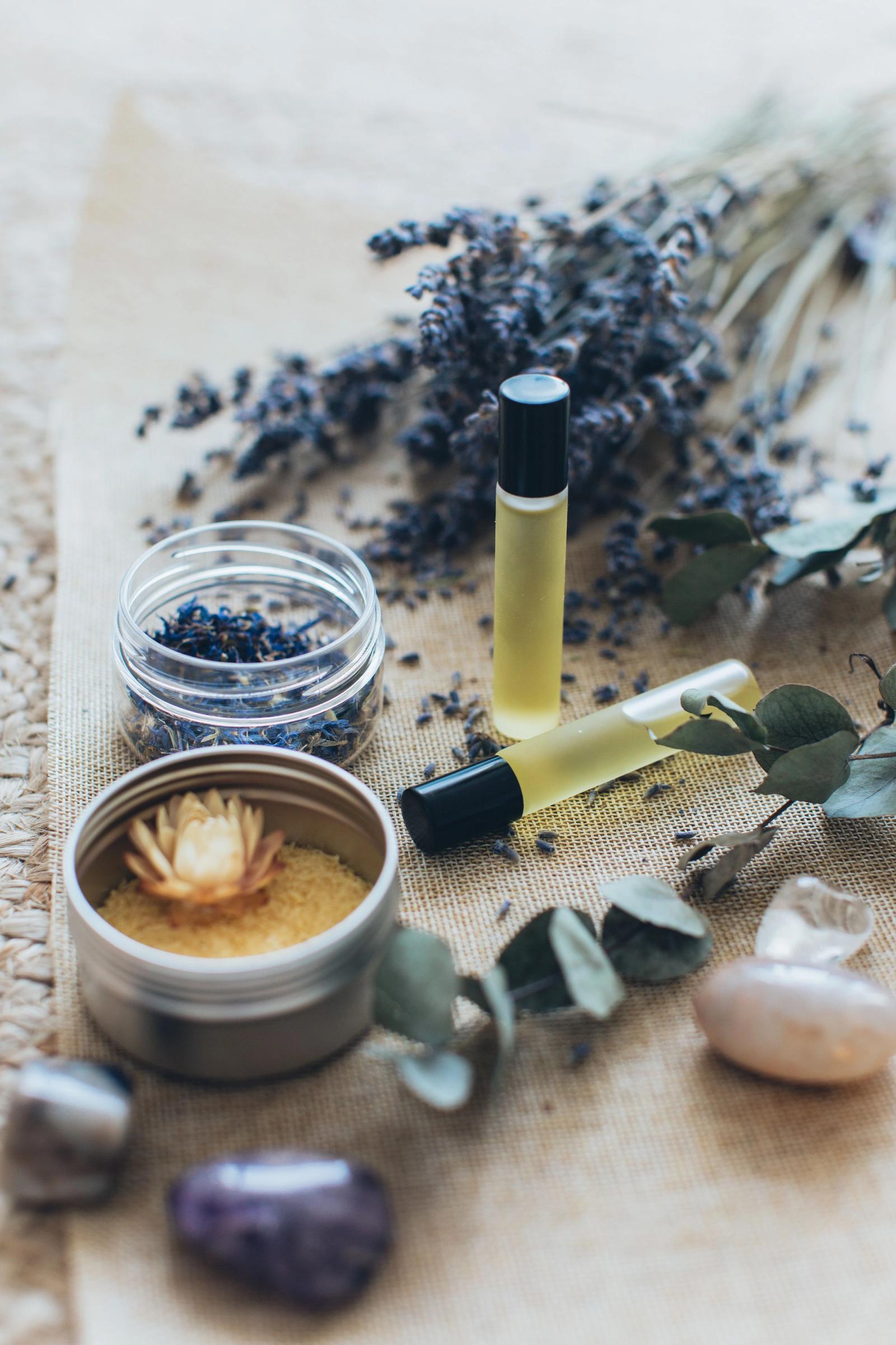 Essential spa oils, bath salts, and towels for aromatherapy massage