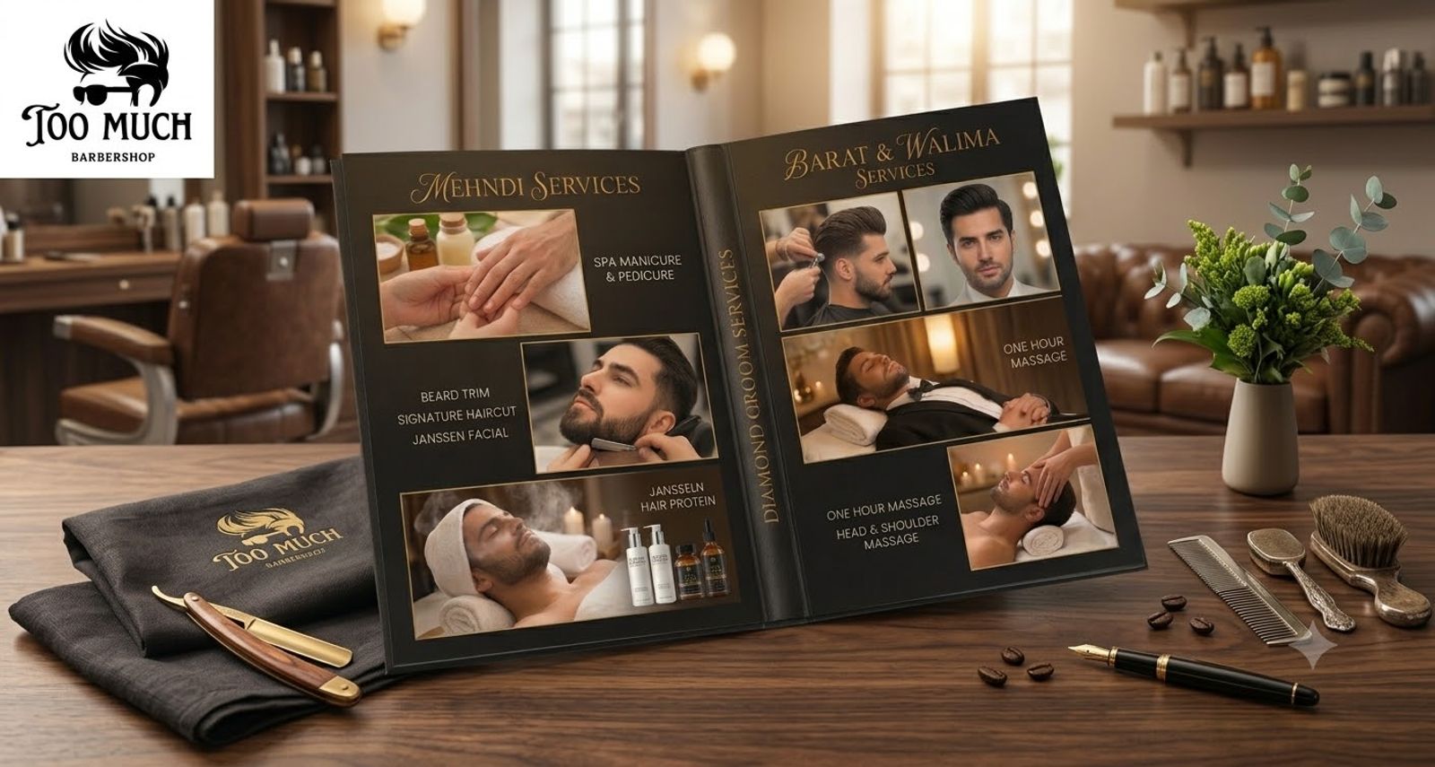 Luxury wedding groom grooming package setup at Too Much Barber Shop in DHA Phase 5 Lahore