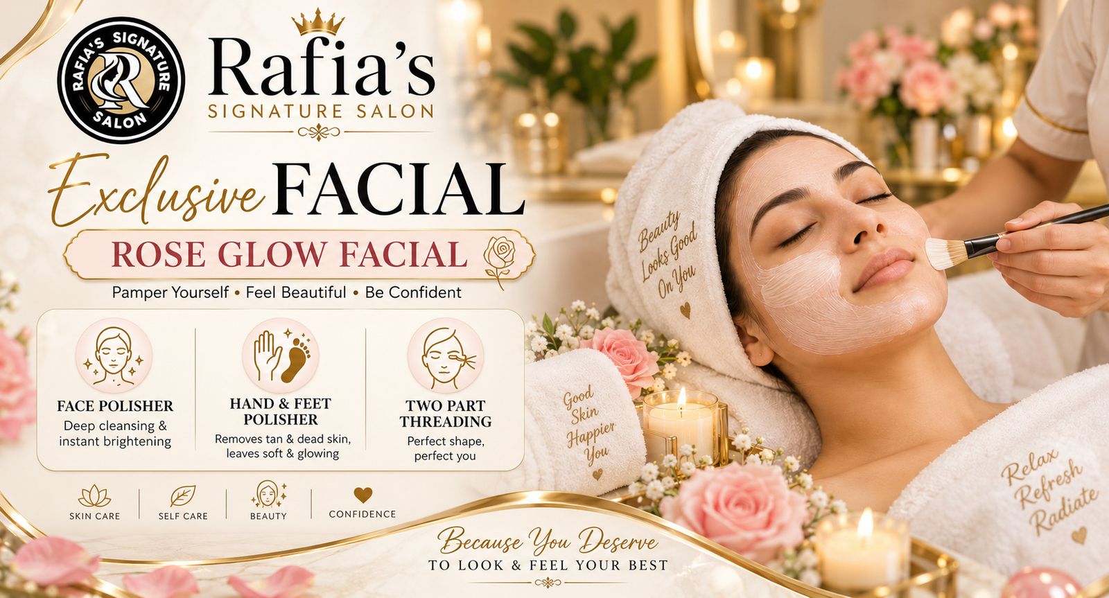 Rose Glow Facial and polisher treatment at Rafia's Signature Salon
