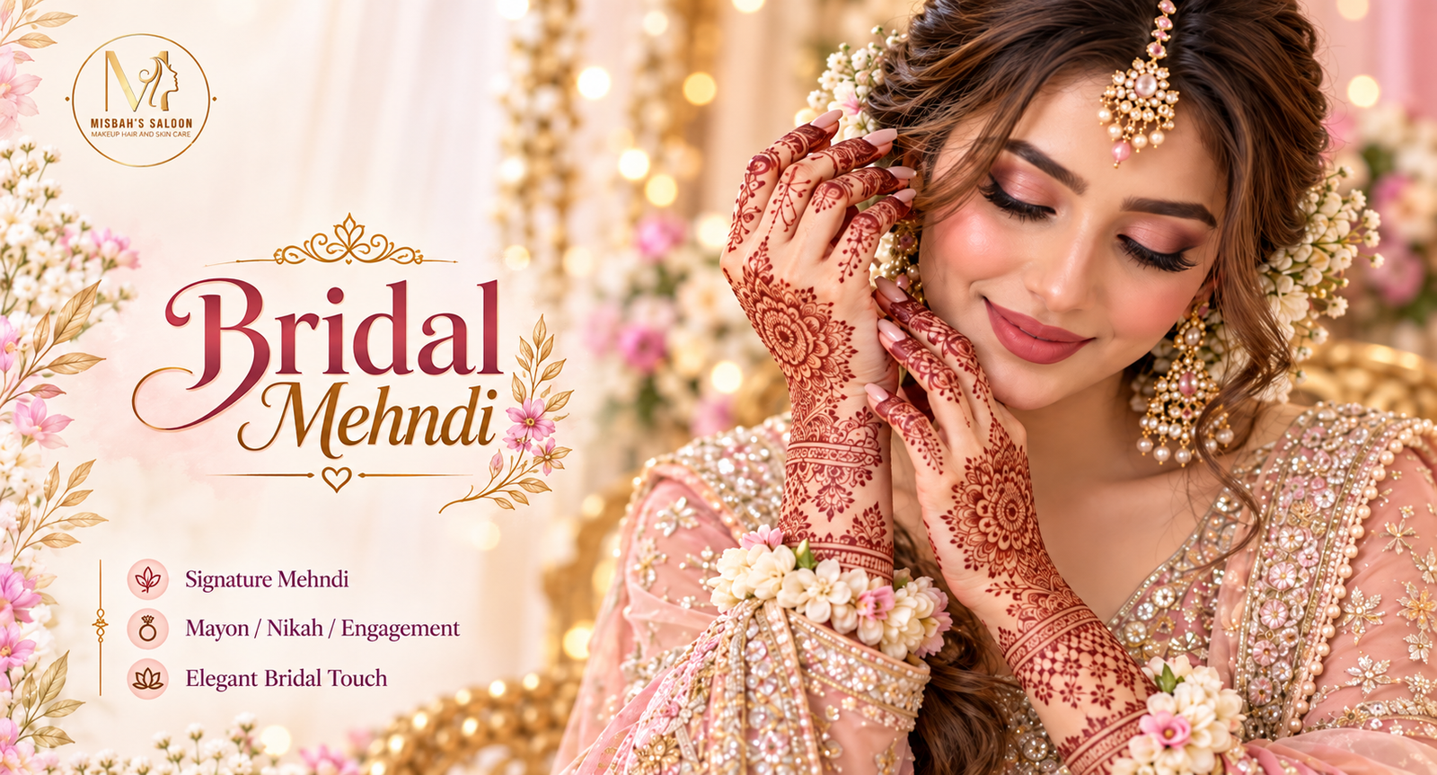 Traditional bridal mehndi and event styling at Misbah's Salon and Spa in DHA Phase 2 Lahore